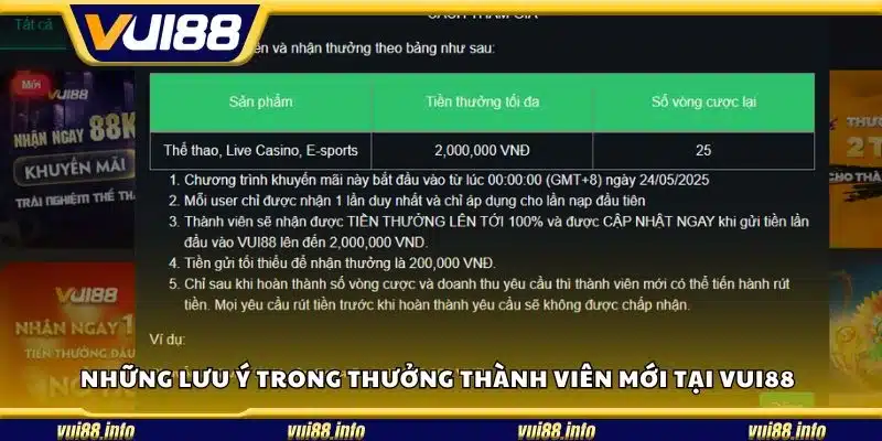 Những lưu ý trong thưởng thành viên mới tại Vui88